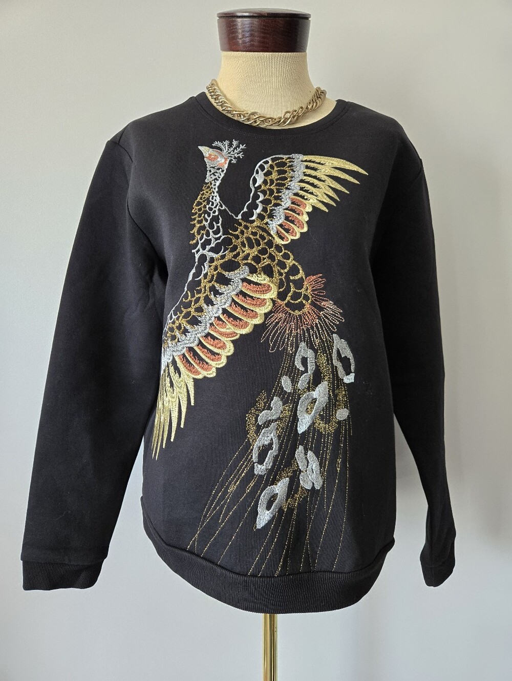 Escada Sport Black Sweater with Embroidered Gold & Metallic Bird. Size M